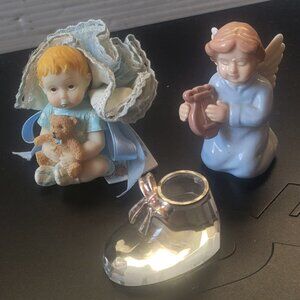 3 Figurine Lot: Italian Fine Porcelain Baby Teddy Bear, Angle Lute, Crystal Boot